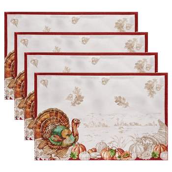Holiday Turkey Bordered Fall Placemat, Set of 4 - 13" x 19" - White/Red - Elrene Home Fashions