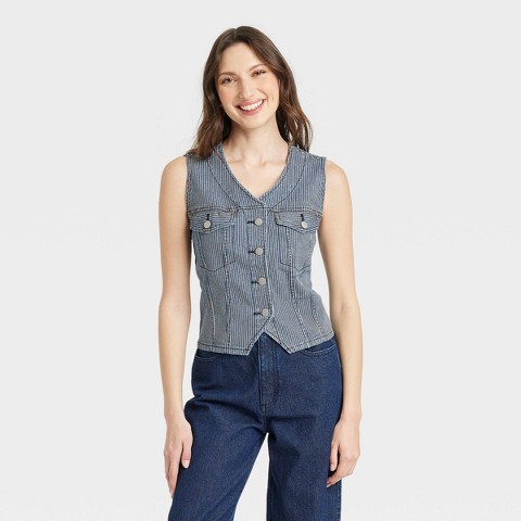 Женские жилеты Universal Thread Women's V Neck Denim Vest - Universal Thread™ Blue XS: Midweight Cotton, Spandex, Stripe Pattern
