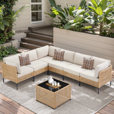 Buenhomino Patio Furniture Set – Outdoor Sectional Wicker Sofa with Cushions, All-Weather PE Rattan Conversation Set for Garden, Balcony & Poolside