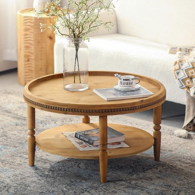 31.3" Rustic Round Coffee Table with Storage Shelf，2-Tier Accent Table for Living Room, Bedroom, and Office – The Pop Home