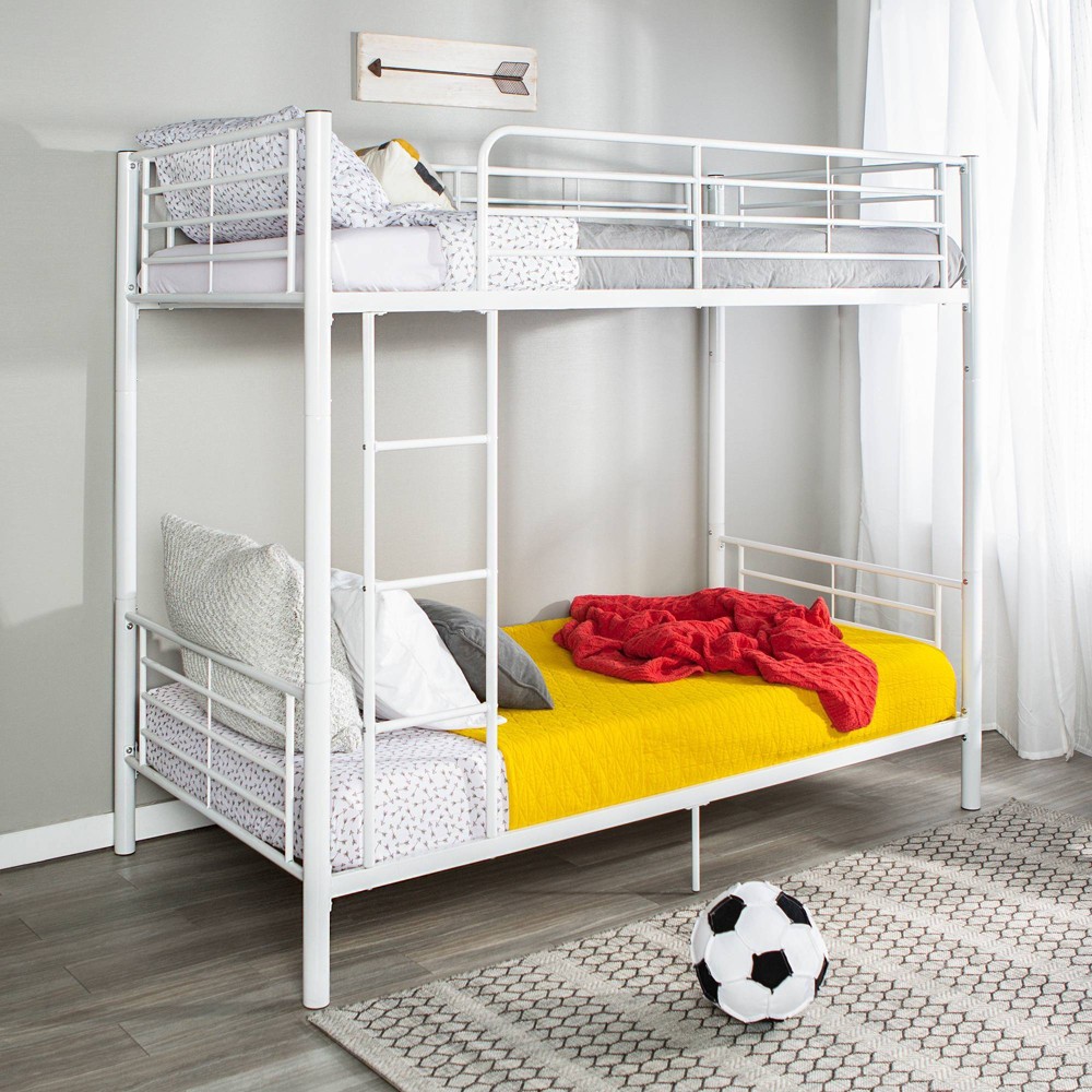 Twin Over Twin Analise Kids' Metal Bunk Bed White - Saracina Home: Built-In Ladder & Guard Rails, No Box Spring Needed