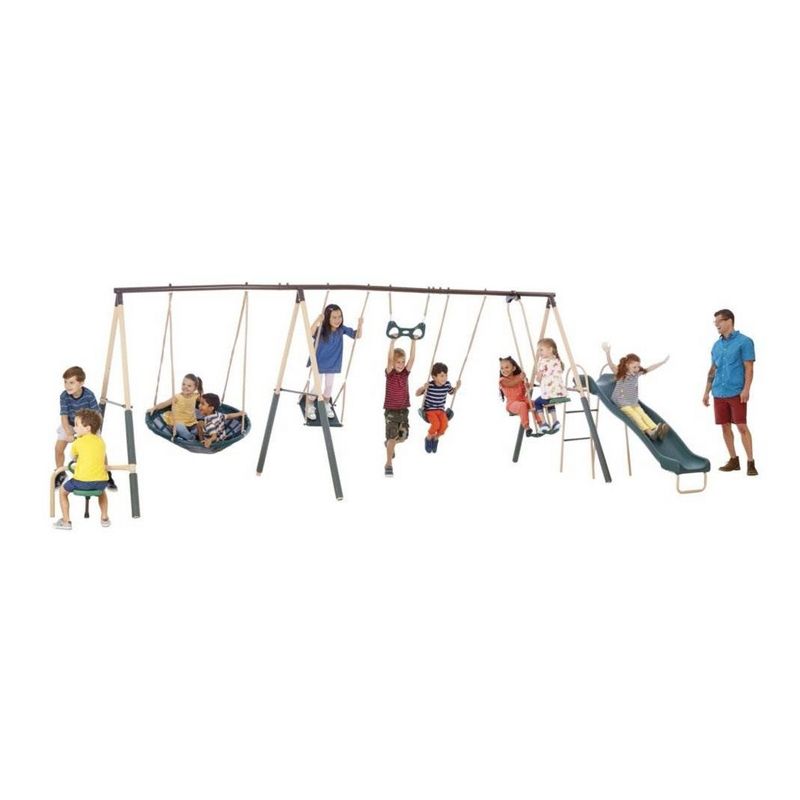 XDP Recreation Deerfield Swing Set,10 Child Capacity Backyard Playground w/ Slide, See-Saw, Trapeze Swing, Fun-Glidr, Swing Seat, & Stand N Swing, 4 of 7