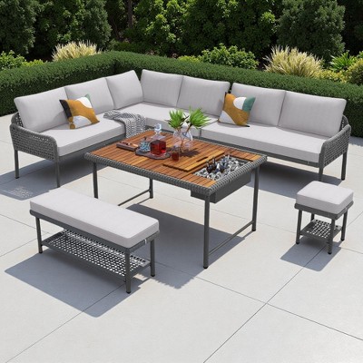 6-Piece Outdoor Patio Rope L-Shaped Sectional Sofa Set with Acacia Wood Table and Ice Box