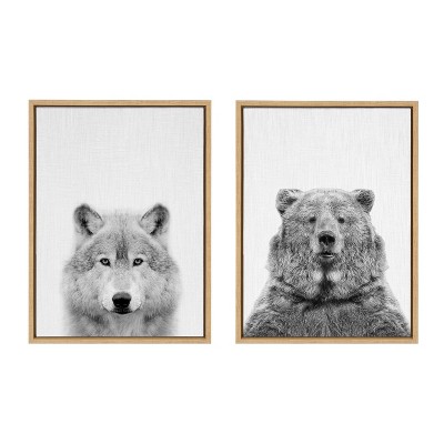 Natural Wolf and Bear Canvas Art Set with Polystyrene Frame