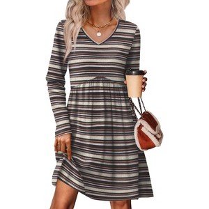 Long Sleeve V-Neck Sweater Dress 2025, Women's Empire Waist Babydoll Fall Dress with Pockets S-wine Red Stripe - 1 of 4