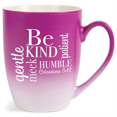 Elanze Designs Be Kind, Humble, Gentle, Meek, Patient Colossians 3:12 Two Toned Ombre Matte Pink and White 12 ounce Ceramic Stoneware Coffee Cup Mug