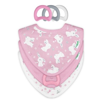 Image of Muslin Stay-dry Teether Bibs & Silicone First Teethers (6 pack)-Pink Bunny/Pink Set-3mo+