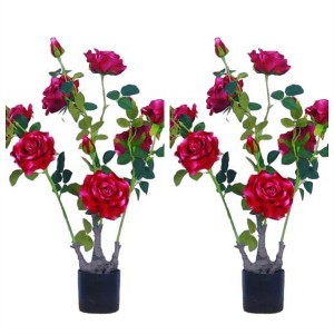 2Pcs Faux Peony Flower Tree, 28in Artificial Plants & Flowers with Green Leaves Pre-Potted Fake Blooming Tree for Indoor Outdoor Porch Home Decor - 1 of 4