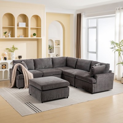 100"W U-Shape Sectional Sofa, 6-Seater Modern Large Sofa Couch with Removable Ottomans 4L, Beige/Gray -ModernLuxe