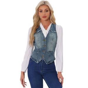 INSPIRE CHIC Women's Denim Sleeveless Collarless Washed Distressed Jean Vest - 1 of 4