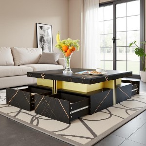 Modern Black Square Coffee Table 43" Storage Table with 4 Drawers, Gold Accents & 800lb Capacity for Living Room - 1 of 4