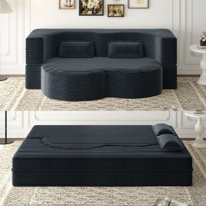 TiramisuBest Modern Floor Sofa with 2 Pillows, Convertible Plush Corduroy Sleeper Sofa Bed, Full-Size 15" Foam Folding Mattress, Beige - 1 of 4