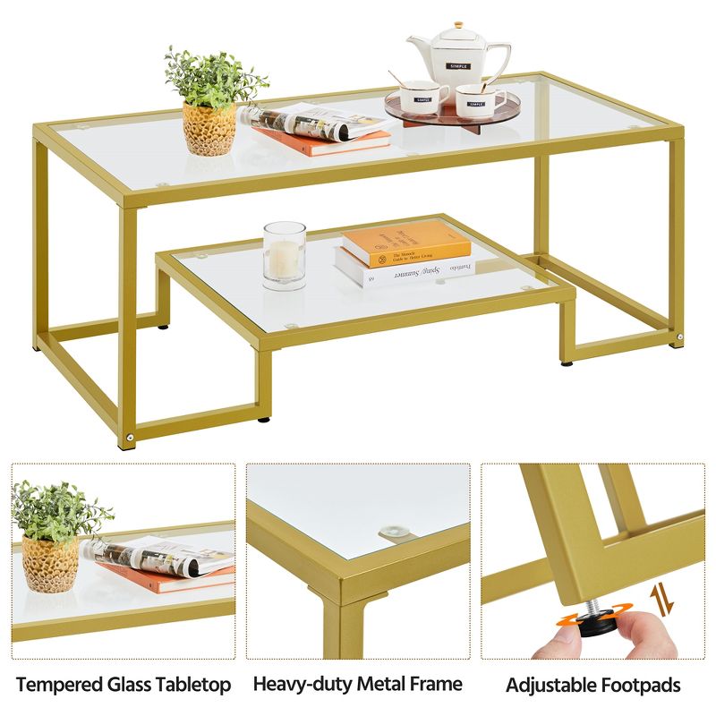 Yaheetech Modern Tempered Glass Coffee Table With Open Shelf for Living Room Gold, 4 of 10