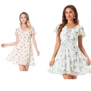 Allegra K Women's Floral Printed Flare Short Sleeve Lace-up V Neck A-Line Chiffon Dress 2 Packs - 1 of 4