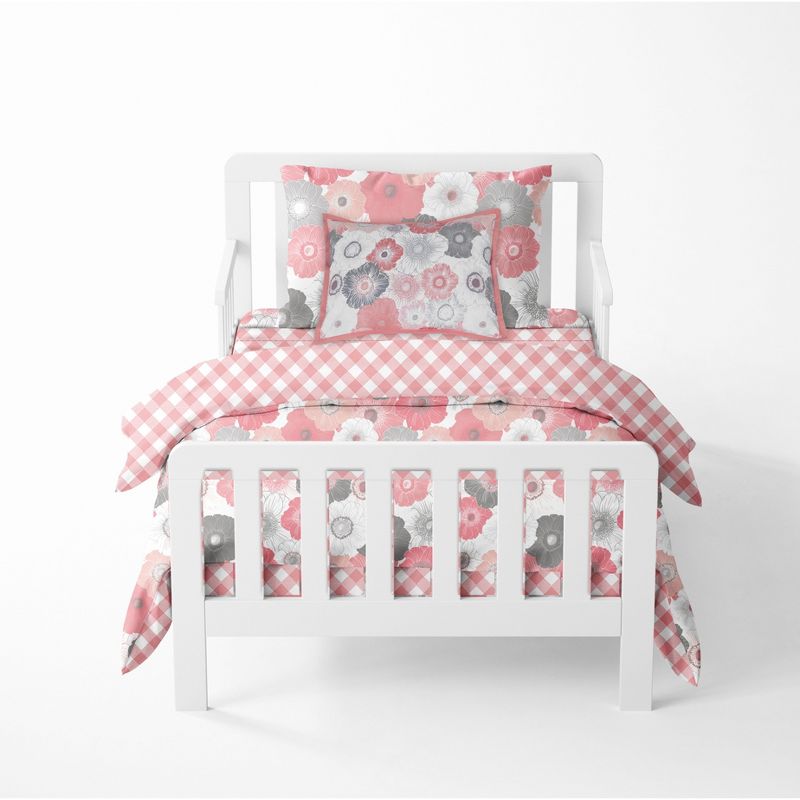 Bacati - Watercolor Floral Coral Gray 5 pc Toddler Bedding Set, 1 of 11
