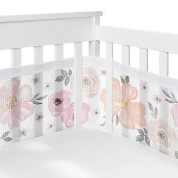Sweet Jojo Designs + BreathableBaby Breathable Mesh Crib Liner Anti Bumper Pad Girl Watercolor Floral Pink Grey and White