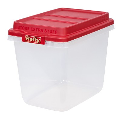 Hefty 72 Quart Clear Plastic Storage Bin with Holiday Red HIRISE