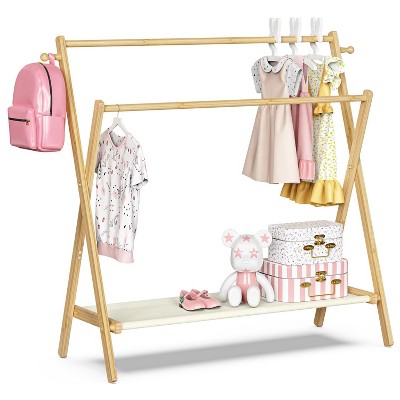 Kids Clothing Rack, Small Clothes Rack for Toddler Pets, Kids Dress Up Rack with Storage Shelf & Double Rods, Foldable Kids Clothes Rack