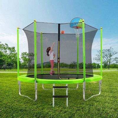 10FT Green Round Trampoline with Safety Enclosure and Basketball Hoop