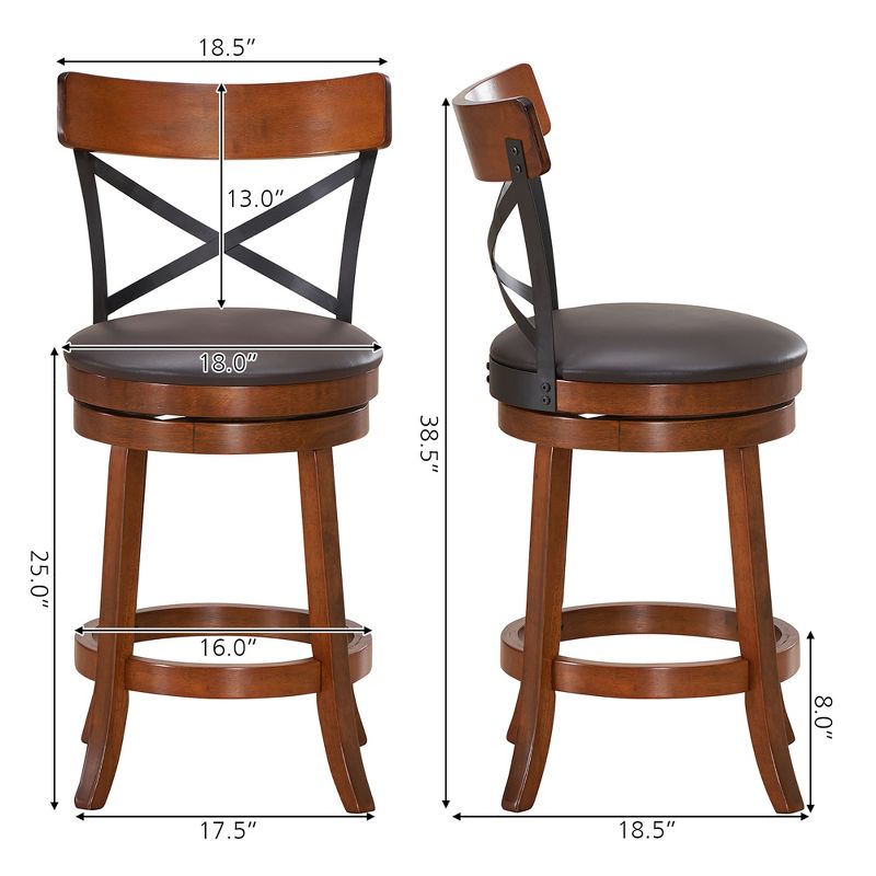 Costway Set of 2 Bar Stools Swivel 25'' Dining Bar Chairs with Rubber Wood Legs, 4 of 11