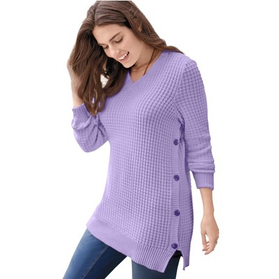 Woman Within Plus Size Side Button V-Neck Waffle Knit Sweater
