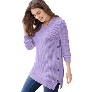 Woman Within Plus Size Side Button V-Neck Waffle Knit Sweater - 1 of 4