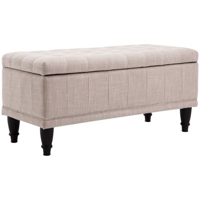 Beige Linen Tufted Storage Ottoman Bench with Hardwood Legs