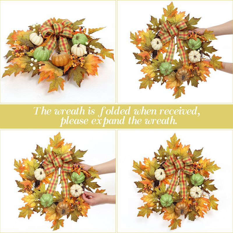 Fall Wreaths for Front Door, 20" Autumn Wreath with Pumpkin Ribbon Berries and Maples Leaf, 4 of 7