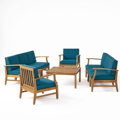 Perla 9pc Acacia Wood Patio Conversation Set - Teak/Blue - Christopher Knight Home