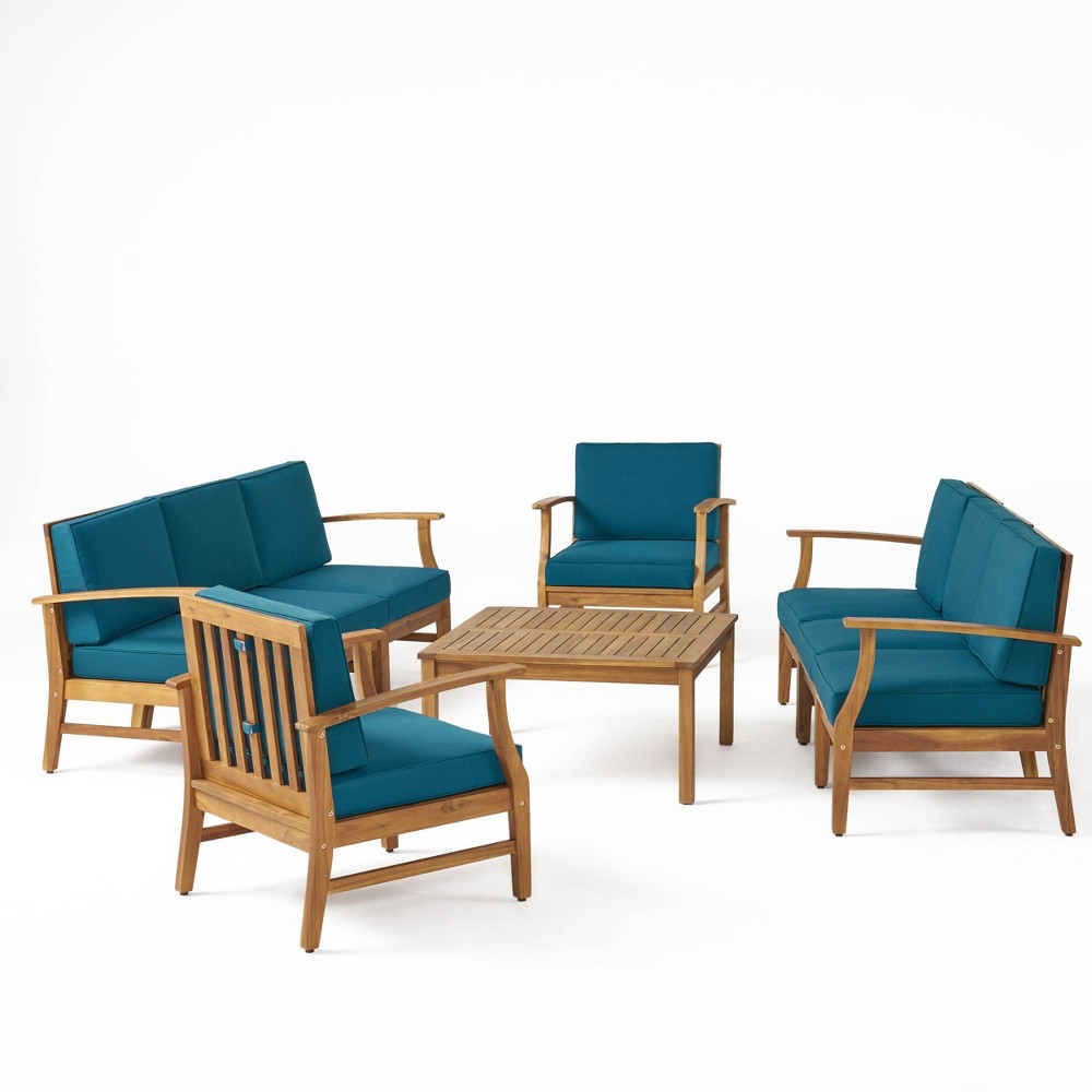 Perla 9pc Acacia Wood Patio Conversation Set Teak Blue Christopher Knight Home