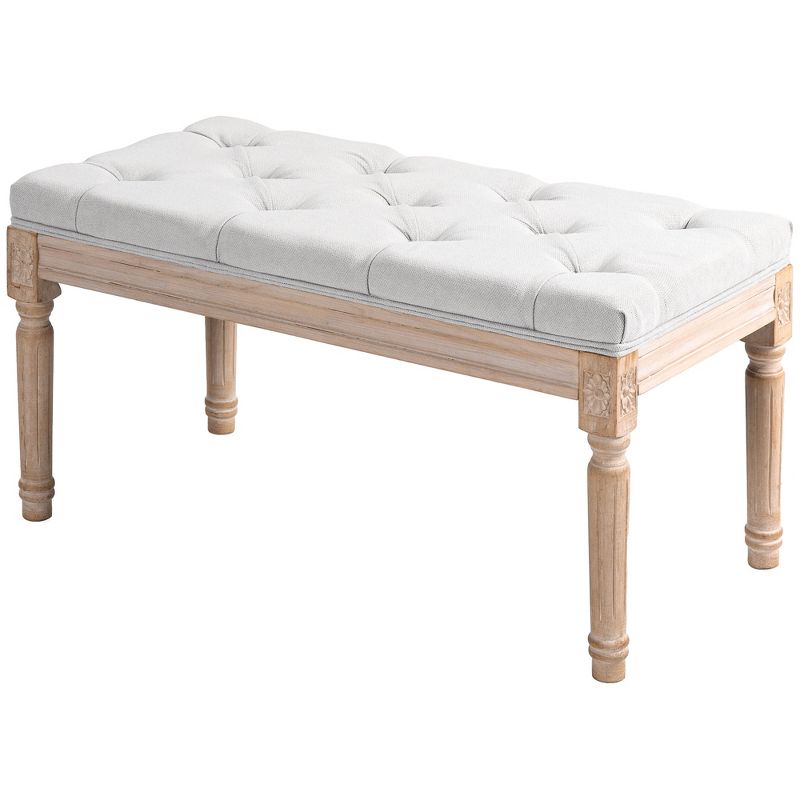HOMCOM French Vintage End of Bed Bench, Linen Upholstered Bench with Thick Padded Seat and Wood Legs, Tufted Bedroom Bench, 4 of 7