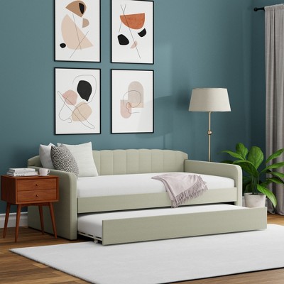 Scalloped Beige Upholstered Twin Daybed with Trundle