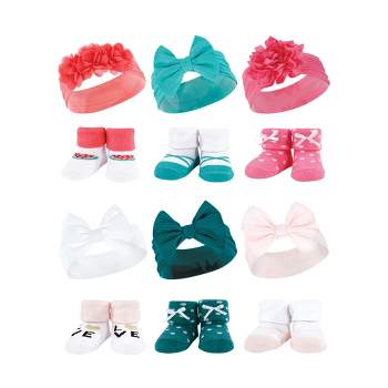 Hudson Baby Infant Girl 12Pc Headband and Socks Giftset, Teal Coral Teal Pink, One Size