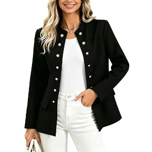 Women Stand Collar Open Front Blazer Double Button Long Sleeve