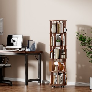 PDTEND Round Solid Wood Rotating Bookshelf on Wheels, for Small Spaces, Bedroom, Office & Corner - Walnut - 1 of 4