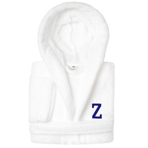 Personalized Linum Kids 100% Polyester SUPER PLUSH Double Brushed Hooded Bathrobe in Navy Bookman Font - 1 of 3