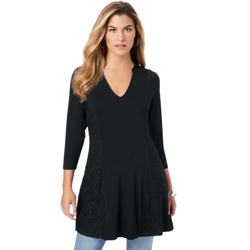 Roaman's Women's Plus Size Lace-Panelled Fit-And-Flare Top - image 1 of 4