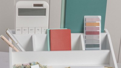 White Wooden Desktop Organizer with Open Storage Compartments