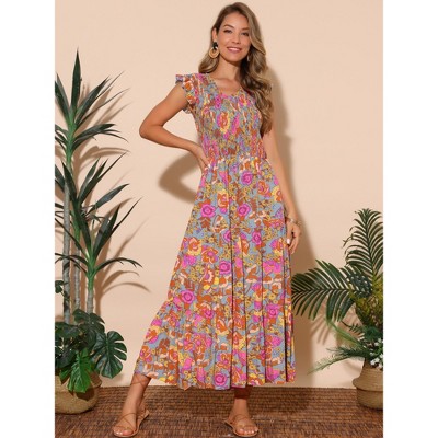 Женские платья INSPIRE CHIC Women's Summer V Neck Ruffle Flutter Sleeve Smocked Tiered Beach Flowy Boho Maxi Dress Grey Green Small — фото 5