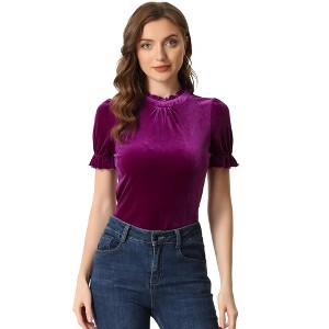INSPIRE CHIC Women's Short Sleeve Velvet Keyhole Back Ruffle Mock Neck Shirt - 1 of 4