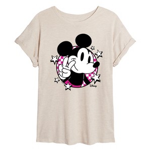 Women's - Disney - Mickey Peace Sign Checkered Oversized Graphic T-Shirt - 1 of 4