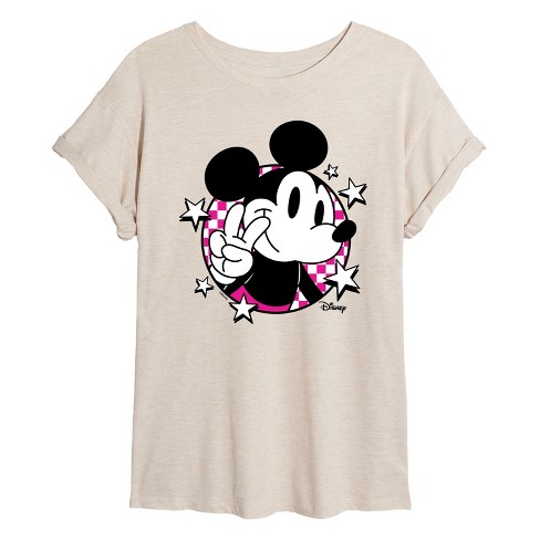 Women's - Disney - Mickey Peace Sign Checkered Oversized Graphic T-Shirt - image 1 of 4