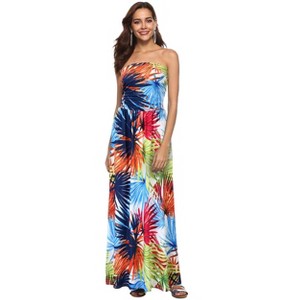 Women Strapless Maxi Boho Vintage Summer Beach Floral Print Hawaiian Party Long Dress - 1 of 4