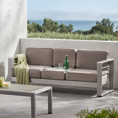 Silver Aluminum Three-Seater Outdoor Sofa with Gray Cushions