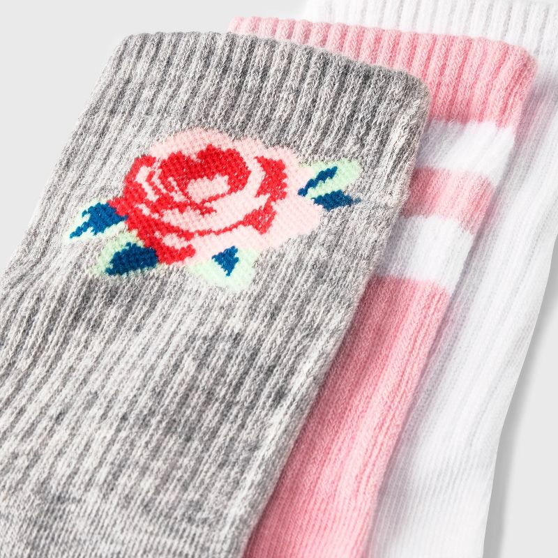 Girls' 3pk Rose Crew Socks - art class™ Gray/Pink/White, 4 of 9