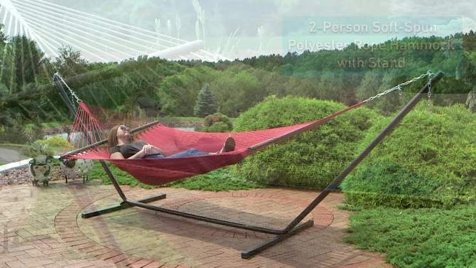 Sunnydaze Outdoor 2-Person Double Polyester Rope Hammock with Wood Spreader Bar and 15ft Black Steel Stand, 2 of 13, play video