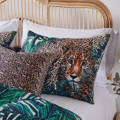 Jungle Cat King Sham with Green and Teal Leaves