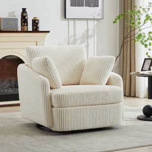 Gulches 40.55"W Oversized Swivel Accent Chair with 2 Throw Pillows - 360¡ã Smooth Metal Base, Ivory Corduroy, Cozy Club Chair - 1 of 4