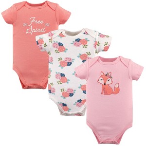 Hudson Baby Infant Girl Cotton Bodysuits 3pk, Floral Fox - 1 of 1