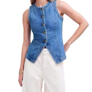 Womens Button Down Denim Vest Tops Crew Neck Sleeveless Fitted Jean Tank Tops Summer Trendy Casual Waistcoat - 1 of 4
